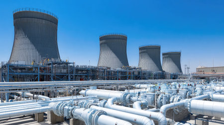 Cooling tower infrastructure with detailed piping at a large power generation siteの素材