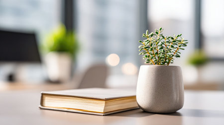 Clean layout of desk with leather journal and plant pot, soft focus on warm light filtering inの素材