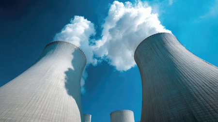 Cooling towers at a fossil fuel power plant emitting steam under clear blue skiesの素材