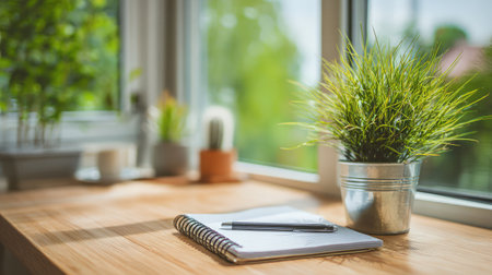 A clean wooden desk with a spiral notebook and a small potted plant beside it, bathed in soft natural light from a nearby windowの素材
