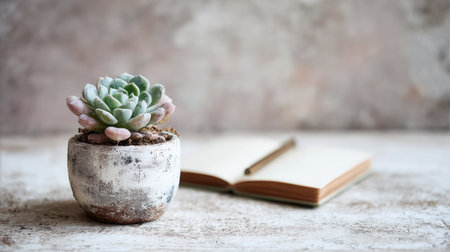 Decorative potted flower with a closed sketchpad on white table surface in golden-hour lightingの素材