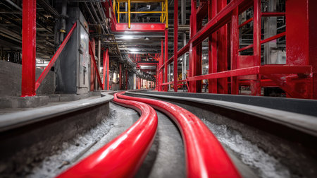 Control wires and fiber optics behind the power station's electrical backboneの素材