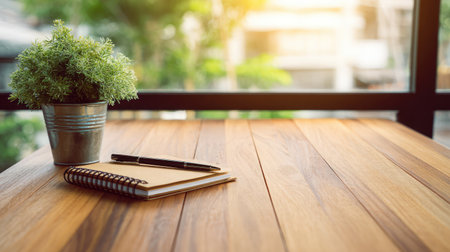 A clean wooden desk with a spiral notebook and a small potted plant beside it, bathed in soft natural light from a nearby windowの素材