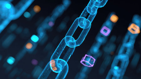 Blockchain technology symbols floating above glowing digital chains and financial dataの素材