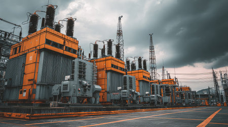 A row of massive transformers at an electrical substation feeding from a power plant facilityの素材