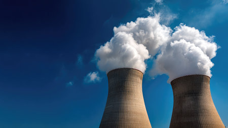 Cooling towers at a fossil fuel power plant emitting steam under clear blue skiesの素材