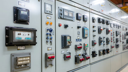Electrical panels and voltage regulators in a modern power plantの素材
