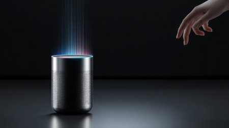 Conceptual image of smart digital assistant device linked with business applicationの素材