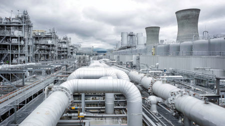 Cooling tower infrastructure with detailed piping at a large power generation siteの素材