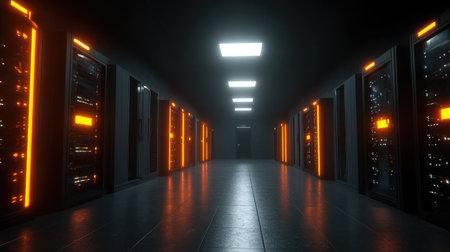 Dark-themed server room interior lit with LED indicators symbolizing data exchangeの素材