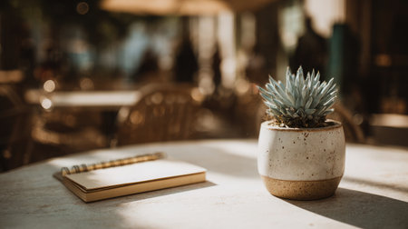 Decorative potted flower with a closed sketchpad on white table surface in golden-hour lightingの素材