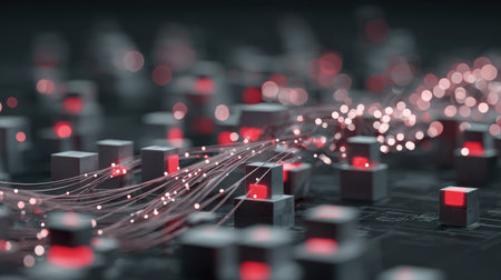 Data storage visualization with cloud servers and fiber optic lines on dark backgroundの素材