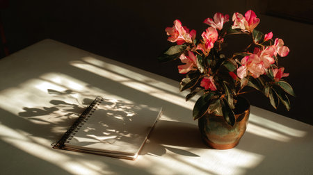 Decorative potted flower with a closed sketchpad on white table surface in golden-hour lightingの素材