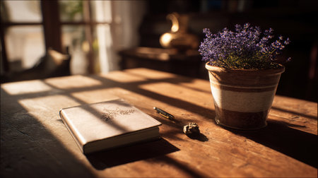 Elegant desk scene with a journal and potted lavender, soft sunlight casting a warm ambiance across the workspaceの素材