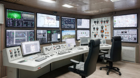 High-tech control panels in a modern power plant showing advanced grid monitoring systems and data readoutsの素材