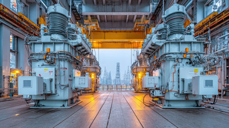 Ground-level view of insulated high-voltage transformers at a power plantの素材