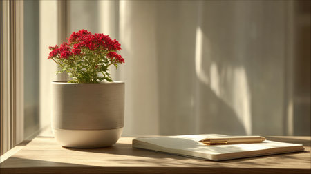 Flower pot and notepad sharing space on a table washed in quiet, peaceful natural lightの素材