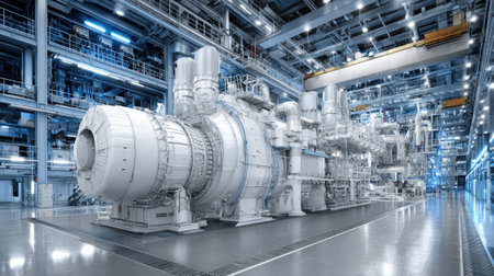 Gas turbine generator inside a modern power facility with heat-resistant structuresの素材