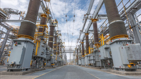 Ground-level view of insulated high-voltage transformers at a power plantの素材