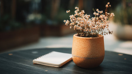 Flower pot and notepad sharing space on a table washed in quiet, peaceful natural lightの素材