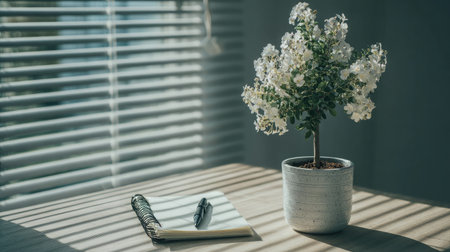 Notebook with pen next to a flowering plant on simple table, sunlight streaming through blindsの素材