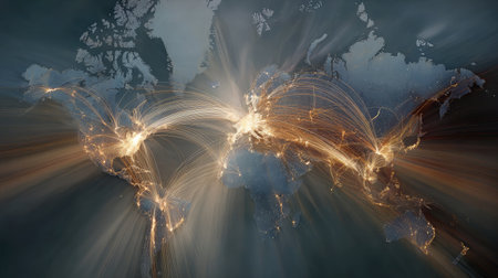 Network map showing cloud-based enterprise connectivity across global business centersの素材
