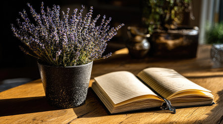 Elegant desk scene with a journal and potted lavender, soft sunlight casting a warm ambiance across the workspaceの素材