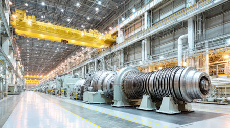 Gas turbine generator inside a modern power facility with heat-resistant structuresの素材