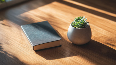 Minimalist workspace featuring a closed notebook and a tiny succulent in a white ceramic pot, illuminated by warm afternoon lightの素材
