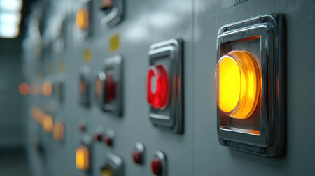 Energy distribution panel inside power station with illuminated indicators and switchesの素材