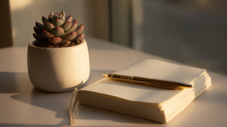 Minimalist workspace featuring a closed notebook and a tiny succulent in a white ceramic pot, illuminated by warm afternoon lightの素材