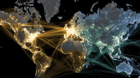 Network map showing cloud-based enterprise connectivity across global business centersの素材