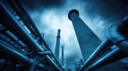 Industrial chimneys at a coal-fired power station surrounded by steel piping networksの素材