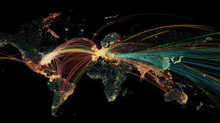 Network map showing cloud-based enterprise connectivity across global business centersの素材