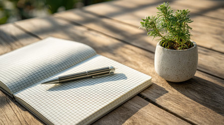 Open grid notebook beside a tiny potted flower in daylight from nearby glass windowの素材
