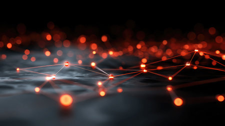 Machine learning neural network diagram rendered in D with glowing connection pointsの素材