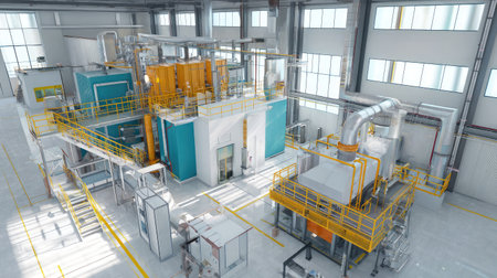 Inside view of a biomass power plant with conveyor and furnace technologyの素材