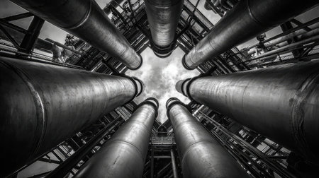 Industrial chimneys at a coal-fired power station surrounded by steel piping networksの素材