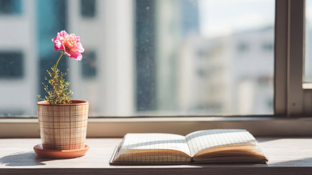 Open grid notebook beside a tiny potted flower in daylight from nearby glass windowの素材