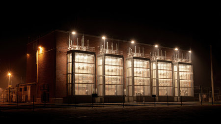 Substation transformers lit at night connected to a thermal power plantの素材