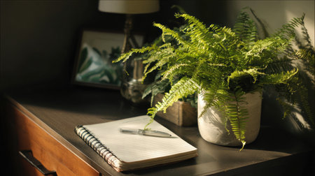 Vibrant plant and journal resting on a modern desktop surface bathed in warm lightの素材