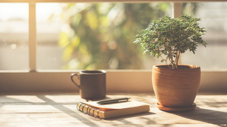 Quiet workspace shot with journal and flower pot on clean desk, light glowing softly across surfaceの素材
