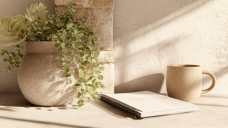 Paper notebook resting beside ceramic pot filled with lush plant under cozy warm lightの素材