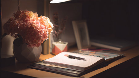 Sleek modern desk layout with notebook and geometric flower pot, warmly illuminated from the sideの素材