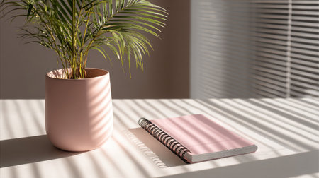 Scandinavian-style workspace with minimalist notebook and a lush green plant in a pastel pot, sunlight spilling across surfaceの素材
