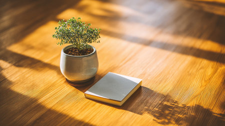 Wooden tabletop with a simple notepad and tiny plant, surrounded by cozy morning light and warm shadowsの素材