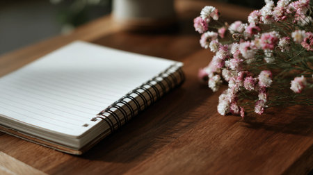 Softly lit desk with blooming plant and blank notebook waiting for inspirationの素材