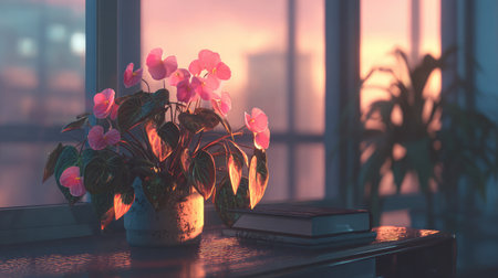 Vibrant plant and journal resting on a modern desktop surface bathed in warm lightの素材