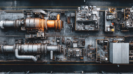 Overhead shot of a power plant's turbine hall featuring symmetric industrial componentsの素材