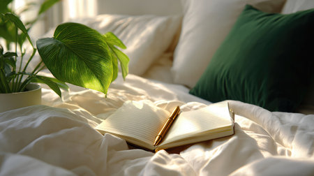 Workspace flat lay showing a notebook and bright green plant in gentle daylight ambianceの素材